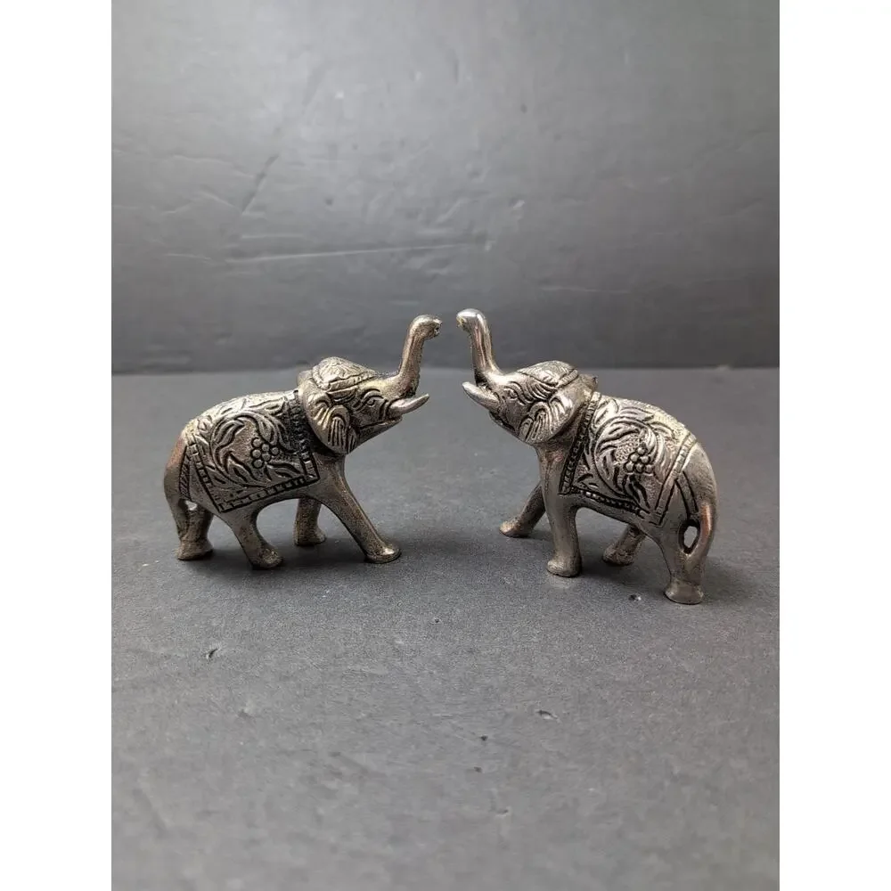 Lot Of 2 India Metal Elephants Hand Carved Collectible Trunks UpFigures 4